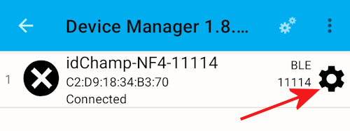 Tap on the settings icon for the idChamp® brand NF4 RFID-NFC reader writer