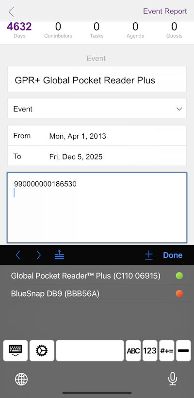 GPR+ UWSR+ post RFID reads as keystrokes to File Maker Go on iPhone or iPad