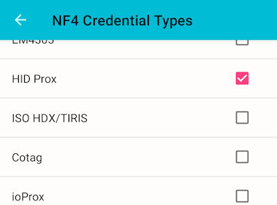 iScanBrowser Droid NF4x Credential Select 06 sdm nf4x credentials selected hid prox only 400w