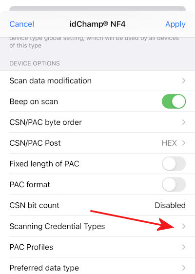 iScanBrowser iOS NF4x Credential Select 03 SDM NF4x select Scanning Credential Type