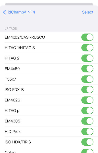 iScanBrowser iOS NF4x Credential Select 04 SDM NF4x Credential Types all enabled