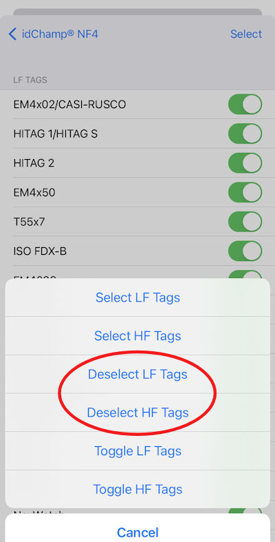 iScanBrowser iOS NF4x Credential Select 05 SDM NF4x Credential Types deselect all LF and HF