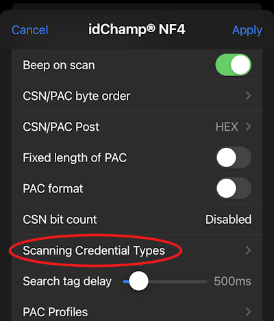 NF4x Scanning Credential Types Selection iOS SDM