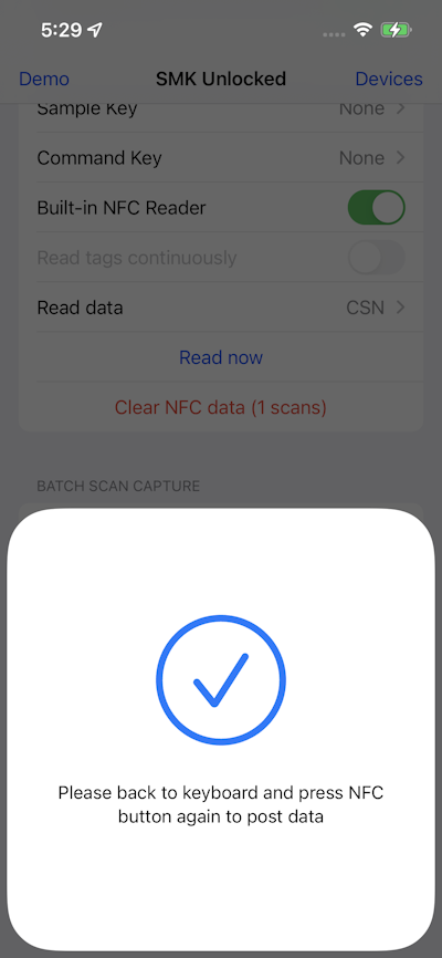 SerialMagic Keys iOS Post RFID From iPhone Built-in NFC Reader Scan Success