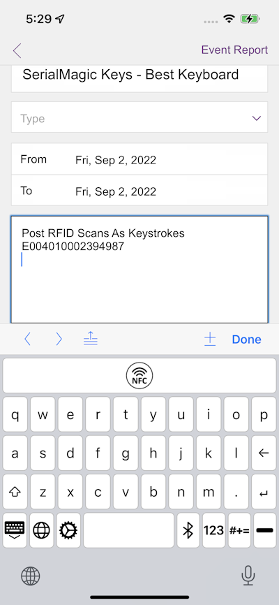 SerialMagic keys iOS Post RFID From iPhone Built in NFC Reader Scan Posted To iOS Cursor In FIlemaker Go