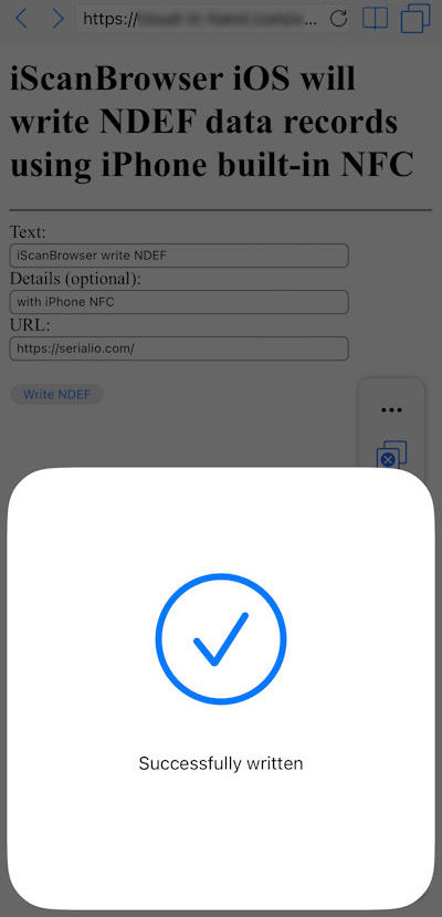 NDEF data on website written with iPhone NFC successfully written