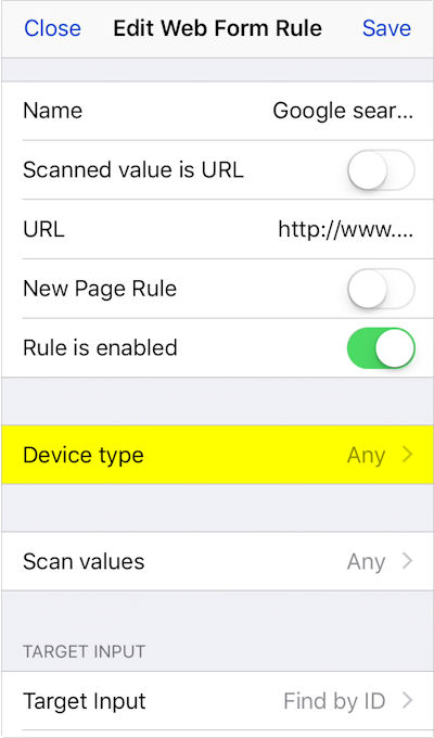 iScanBrowser iOS Web Form Rules Limit by Device Type
