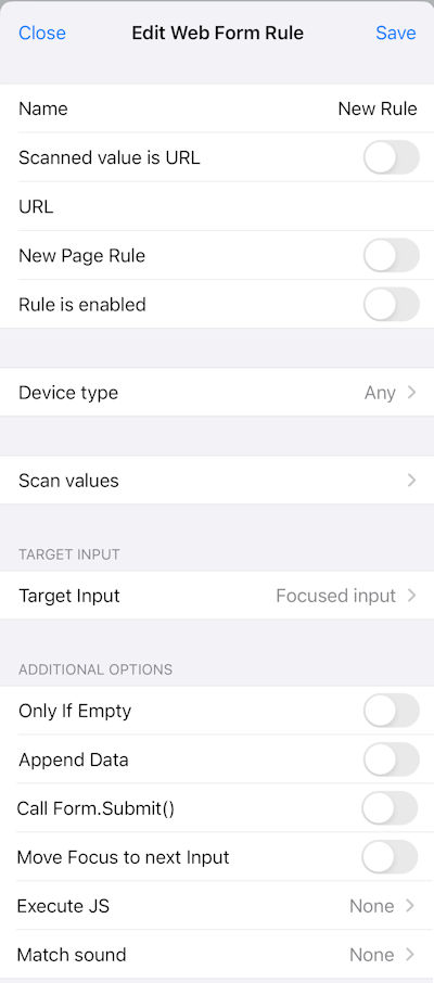 iScanBrowser WFR New Rule Use dialog options
