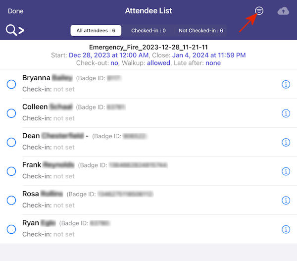 stratus io Emergency Headcount by department Attendee List Filter icon 