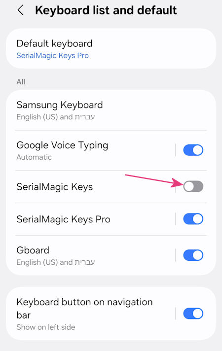 Android 15 Settings Keyboard list and default SerialMagic Keys 