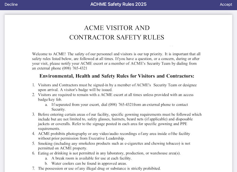 iPad visitor contractor checkin onsite safety rules 
