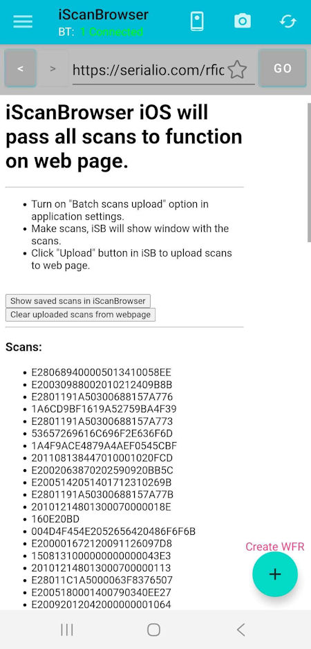 iScanBrowser RFID Web Wedge Android Batch Scans Uploaded To Webpage Example1 
