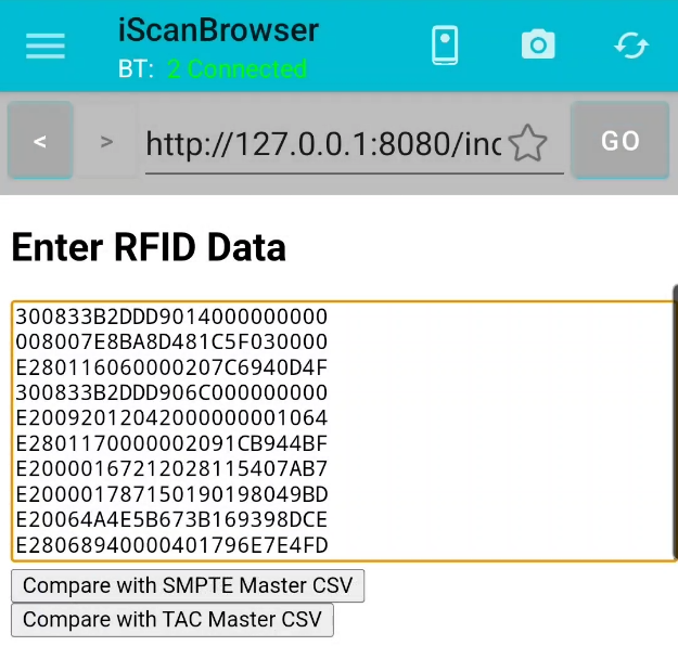 iScanBrowser RFID Web Wedge Android Local Webpage on Android device