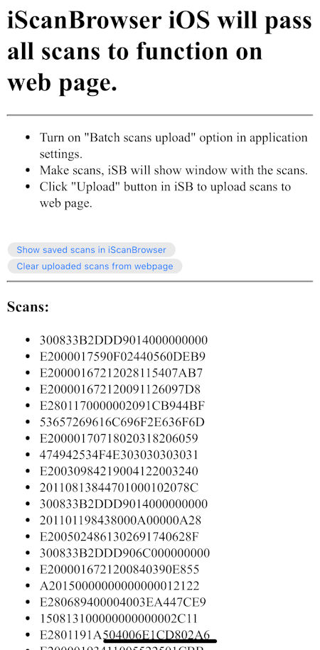 iScanBrowser RFID Web Wedge iPhone Batch Scans Posted Webpage