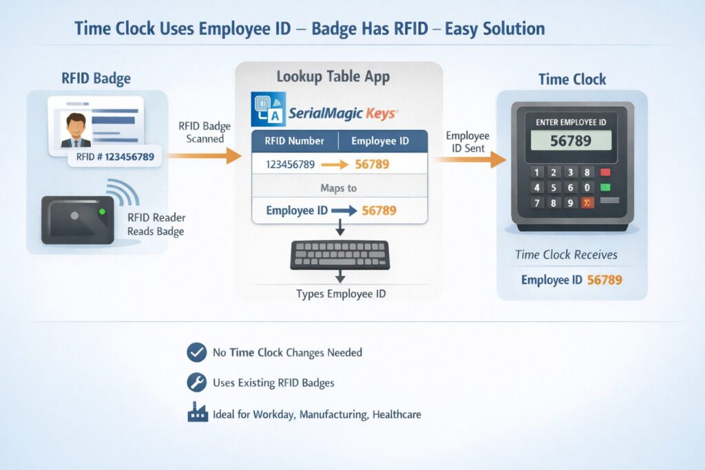 Time Clock Uses Employee ID – Badge Has RFID – Easy Solution