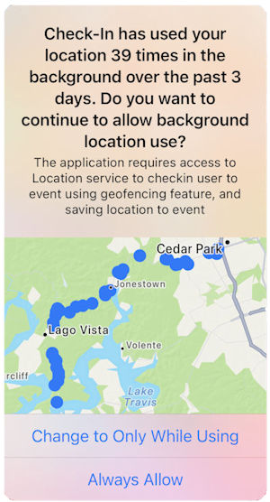 Check In has used your location N times in the background 
