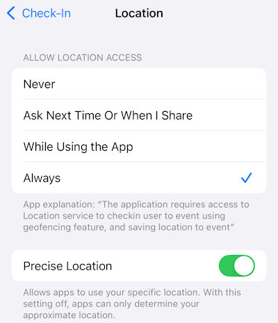 geofence check-in app settings precise location